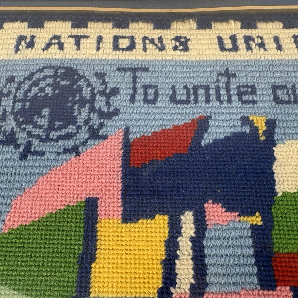 Vintage Framed Needlepoint United Nations Flags Handmade Wall Art 18x14.5